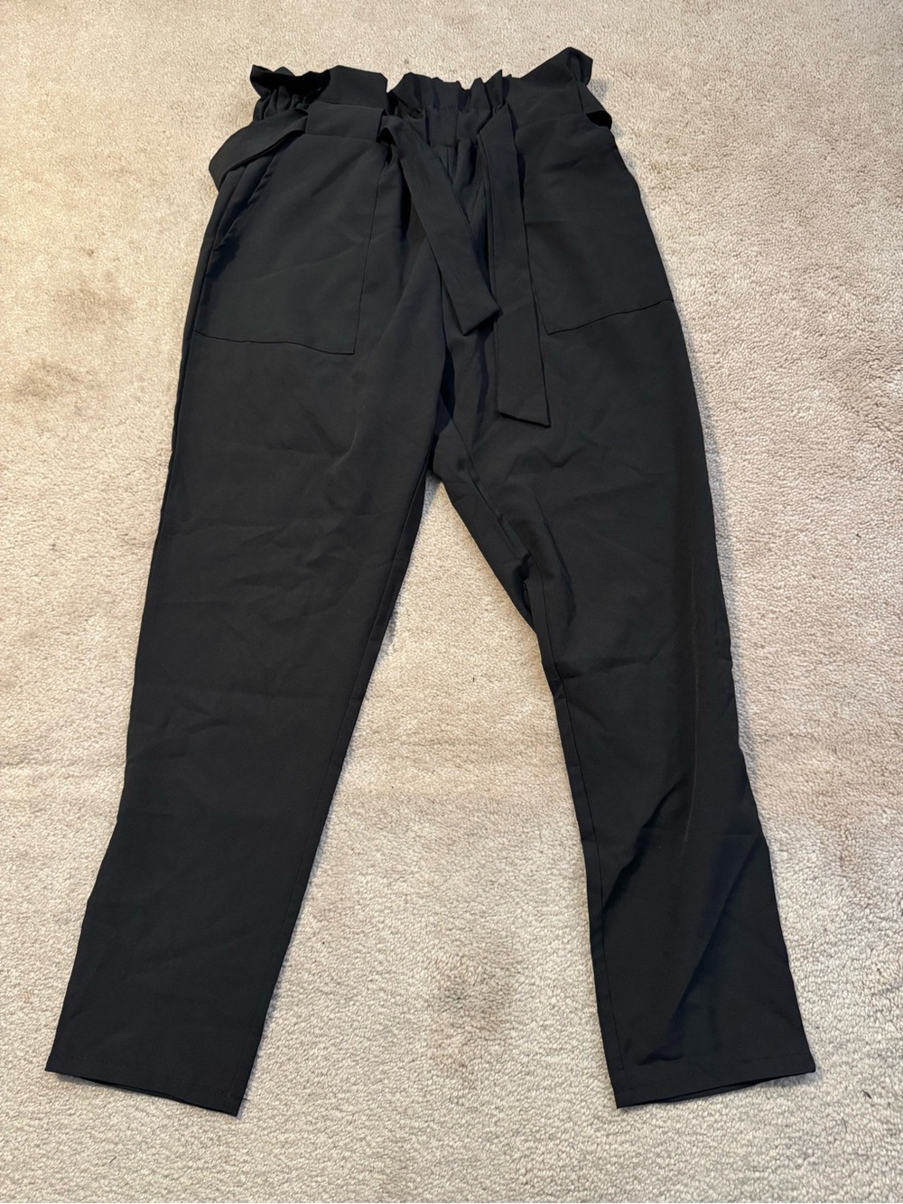 Black Paperbag Waist Pants with Tie Belt
